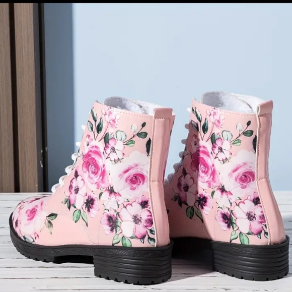 Women's Floral Pattern Boots, Lace Up Soft Sole Platform Casual Boots, Versatile - Picture 2 of 3